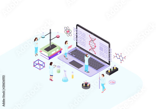 Scientists, geneticist, academics, biologists, research workers isometric color vector illustration