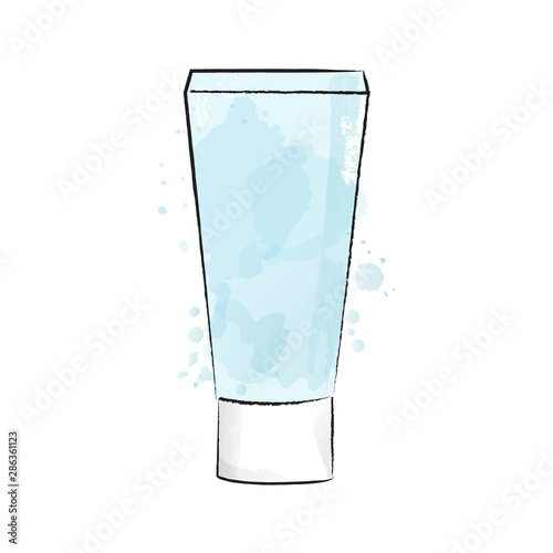 Vector illustration of moisturizing cream, hand cream or mask. Skincare routine. Watercolor texture background. Cosmetics package mockup. Treatment. For fashion magazine, web, beauty blog. Cosmetology