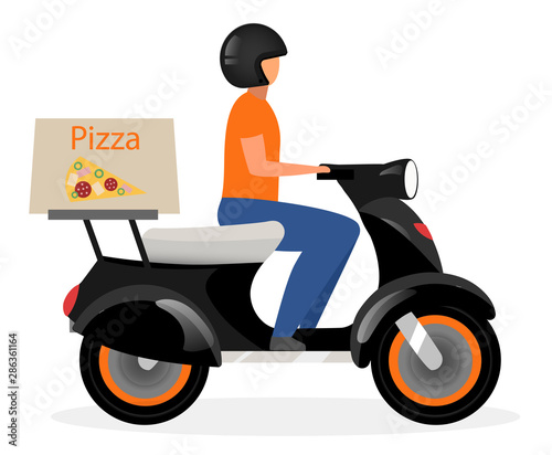 Pizza delivery flat vector illustration. Man driving scooter with food parcel cartoon character isolated on white background. Courier riding motorcycle  motorbike delivering pizzeria restaurant order