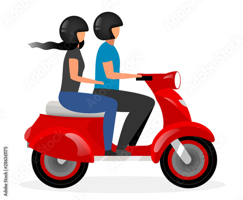 Scooter taxi flat vector illustration. Boyfriend and girlfriend riding motorcycle cartoon character isolated on white background. Couple driving red motorbike. Young boy and girl on moto bike