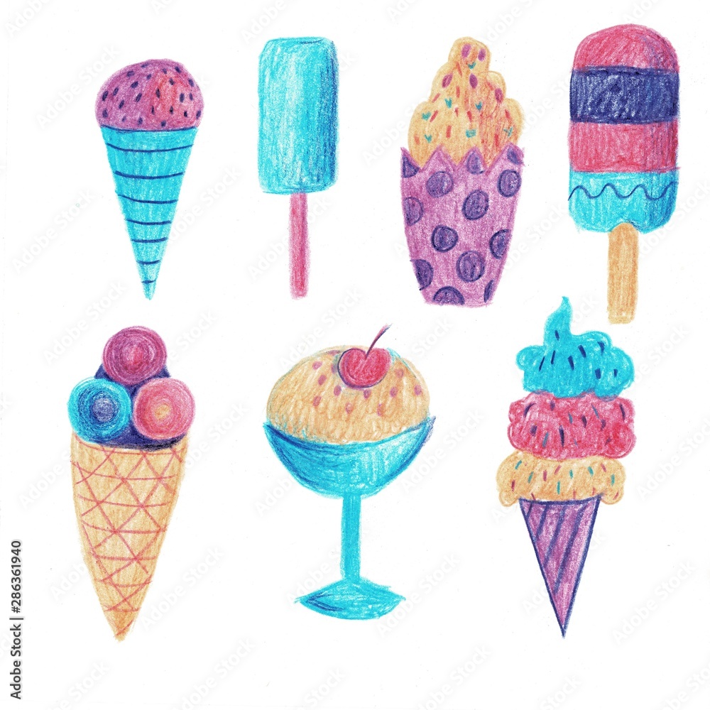 Set of hand drawn watercolor ice cream isolated on white background. Watercolor dessert. Bright background. Set of hand drawn watercolor ice cream isolated on white background. Watercolor dessert. Bright background.
