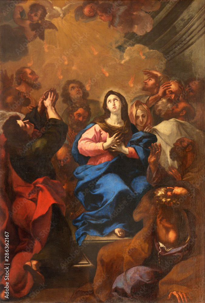 ARCO, ITALY - JUNE 8, 2018: The painting of Pentecost in the church Chiesa Collegiata dell'Assunta by unknown artist.
