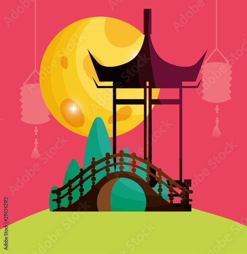 chinese gate lanterns and moon