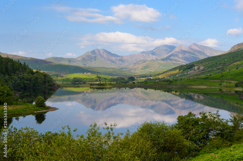 View to a mountain lake in Snowdonia National Park in North Wales of the United Kingdom