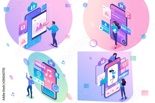 Set of isometric concepts.upload content, photo editing, listen to music, voice message. For Concept for web design