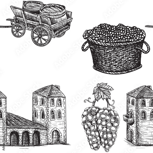 Seamless background agriculture viticulture building cart a barrel of grapes. Vector image.