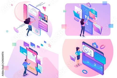 Set of isometric concepts. Financial management, data storage, sending letters, creative design. For Concept for web design