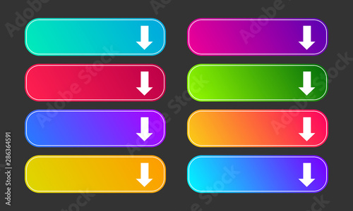 Set of eight modern gradient buttons with arrows