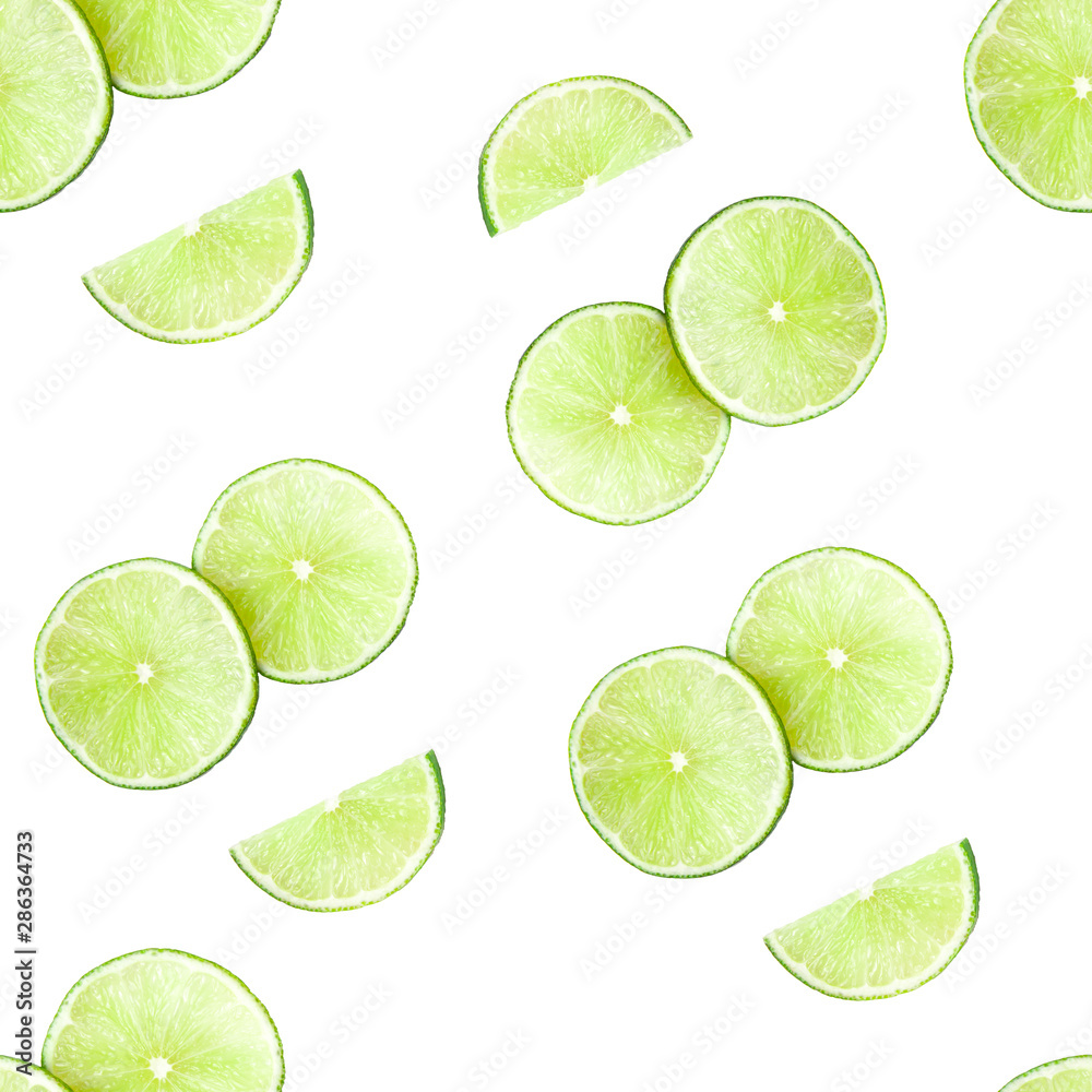 Seamless pattern of Juicy green lime slices emoticon isolated on white background. Healthy food concept