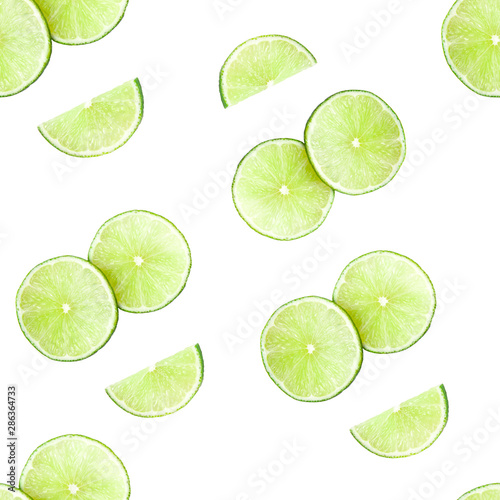 Seamless pattern of Juicy green lime slices emoticon isolated on white background. Healthy food concept