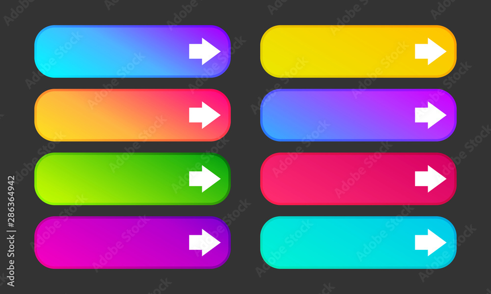 Set of eight modern gradient buttons with arrows