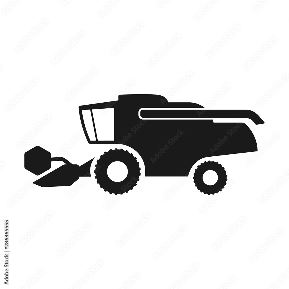 Combine harvester icon. Black silhouette. Side view. Vector drawing. Isolated object on a white background. Isolate.