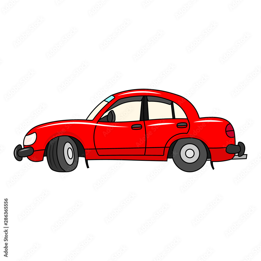 Red passenger car. Side view. Vector drawing. Isolated object on a white background. Isolate.