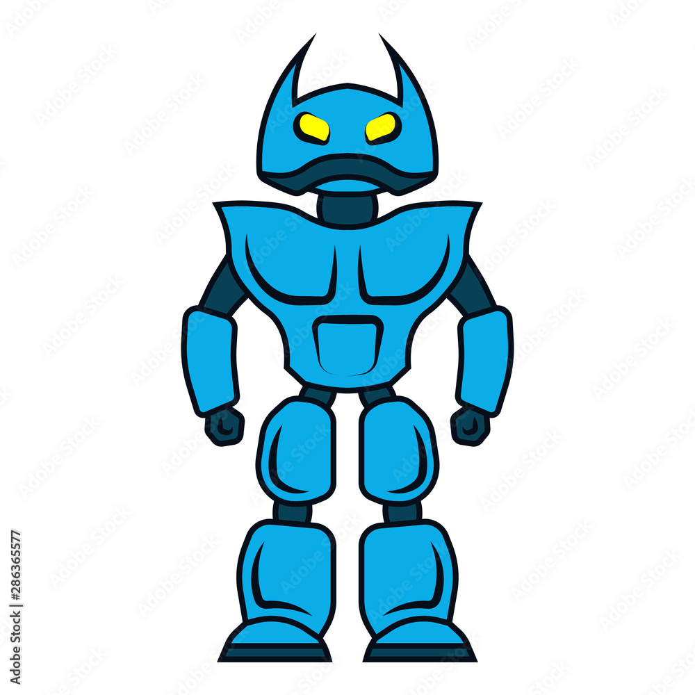 Blue robot. Vector drawing. Front view. Isolated object on a white background. Isolate. Blue robot. Vector drawing. Front view. Isolated object on a white background. Isolate.