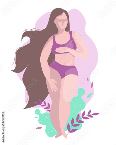 A beautiful plump woman in a swimsuit stands among tropical plants. Vector illustration in a flat style on the theme of the bodypositive.