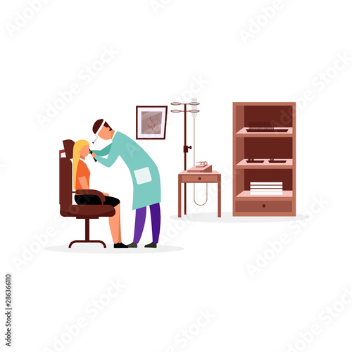 Ent doctor checking throat flat vector illustration. Otolaryngologist examining female patient isolated cartoon character. Otolaryngology. Therapist, general practitioner with headlight diagnosing