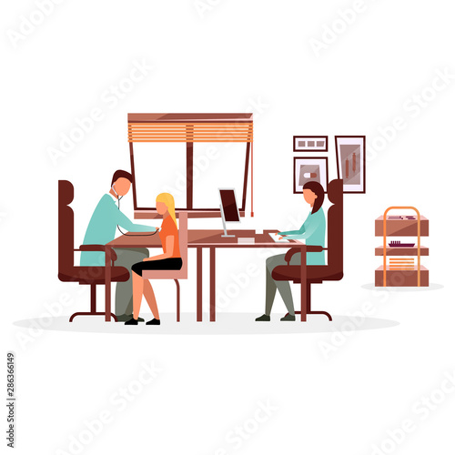 General practitioner examining patient flat vector illustration. Doctor, therapist diagnosing with stethoscope. Medical workers, nurse cartoon characters on white background. Doctor appointment