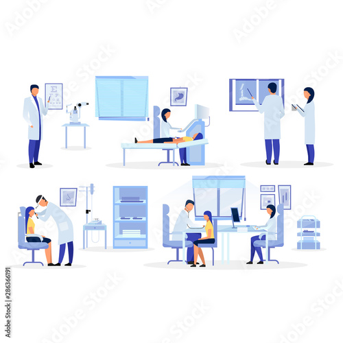 Doctors, general practitioners, therapists flat illustrations set. Medical workers diagnosing cartoon characters. Orthopedist, otolaryngologist, ophthalmologist, sonographer examining patients photo