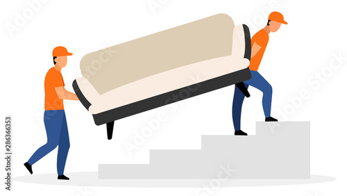 Furniture delivery service flat vector illustration. Warehouse workers carrying sofa cartoon characters isolated on white background. Courier, deliveryman, loader men delivered couch. Shipping concept