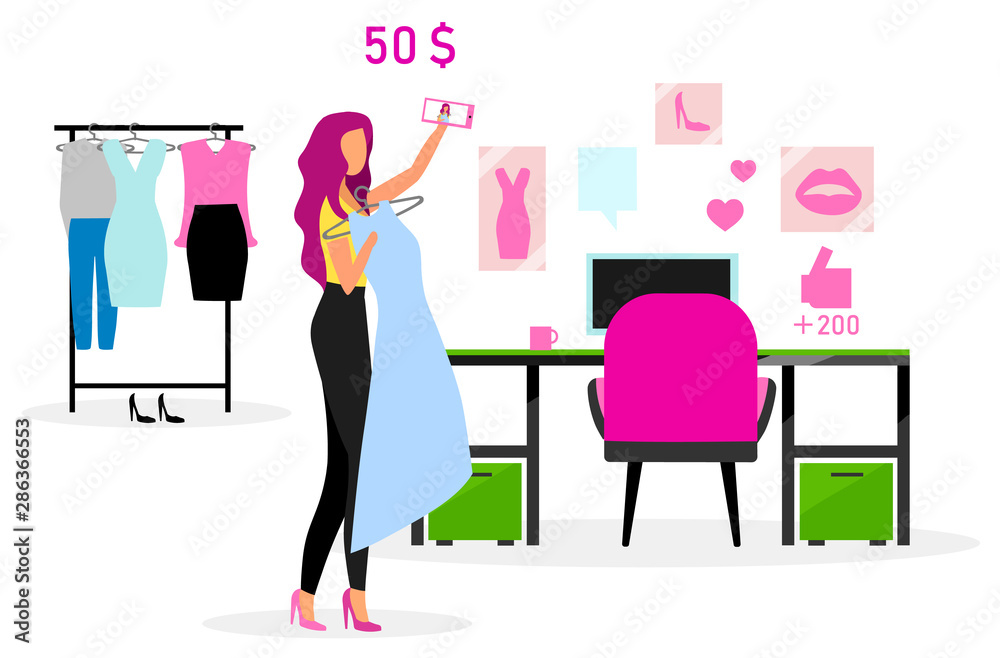 Beauty blogger flat vector illustration. Vlogger streaming video. Social media content. Womens blog. Stylist tutorial. Clothing online review. Isolated cartoon character on white background Beauty blogger flat vector illustration. Vlogger streaming video. Social media content. Womens blog. Stylist tutorial. Clothing online review. Isolated cartoon character on white background