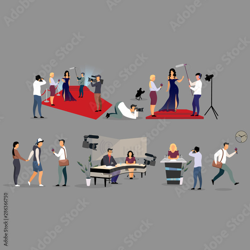 Journalist interviewing flat illustration set. Correspondents, photographers cartoon characters. Reporters, interviewers with microphone recording, broadcasting. Journalism, mass media, TV industry