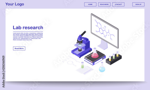 Lab research tools isometric webpage template. Modern laboratory equipment, 3d microscope, beakers. Chemical substance formula on big board, screen. Scientific center landing page with text space