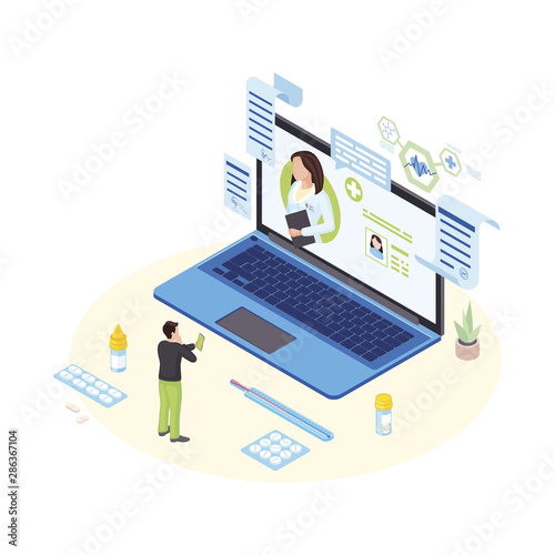Remote doctor consultation isometric illustration. Male patient on video conference with cardiologist. Telemedicine specialist giving prescriptions cartoon character. Distance medical service