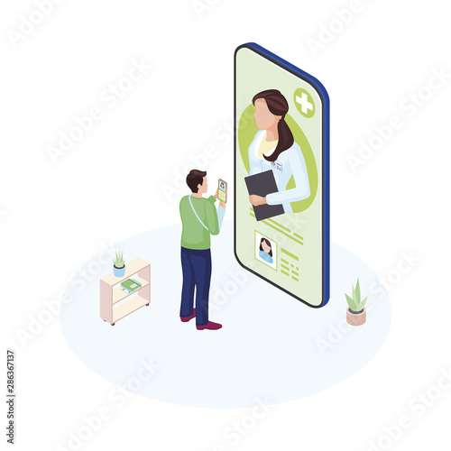 Ehealth smartphone app isometric illustration. Male patient communicating with personal medical specialist cartoon character. Doctor consulting client online. Futuristic healthcare system