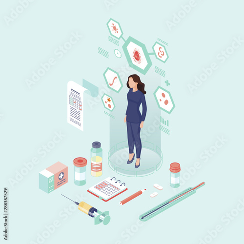 Female patient examination color vector illustration. Health diagnosing. Immunization. Medical check up. Vaccination equipment, thermometer, syringe, standing young woman 3d concept
