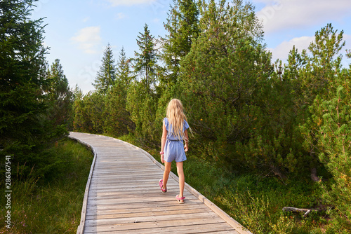 Child blond girl enjoying nature in Jezerni slat (Lake Moor) in National Park Sumava (Bohemian Forest), Czech Republic photo