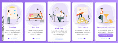 Time management onboarding mobile app screen vector template. Workflow organization. Manager planning work day. Walkthrough website steps with flat characters. UX, UI, GUI smartphone cartoon interface