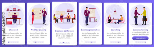 Business industry onboarding mobile app screen template. Office work, workflow, coworking. Business presentation. Walkthrough website steps with flat characters. UX, UI smartphone cartoon interface