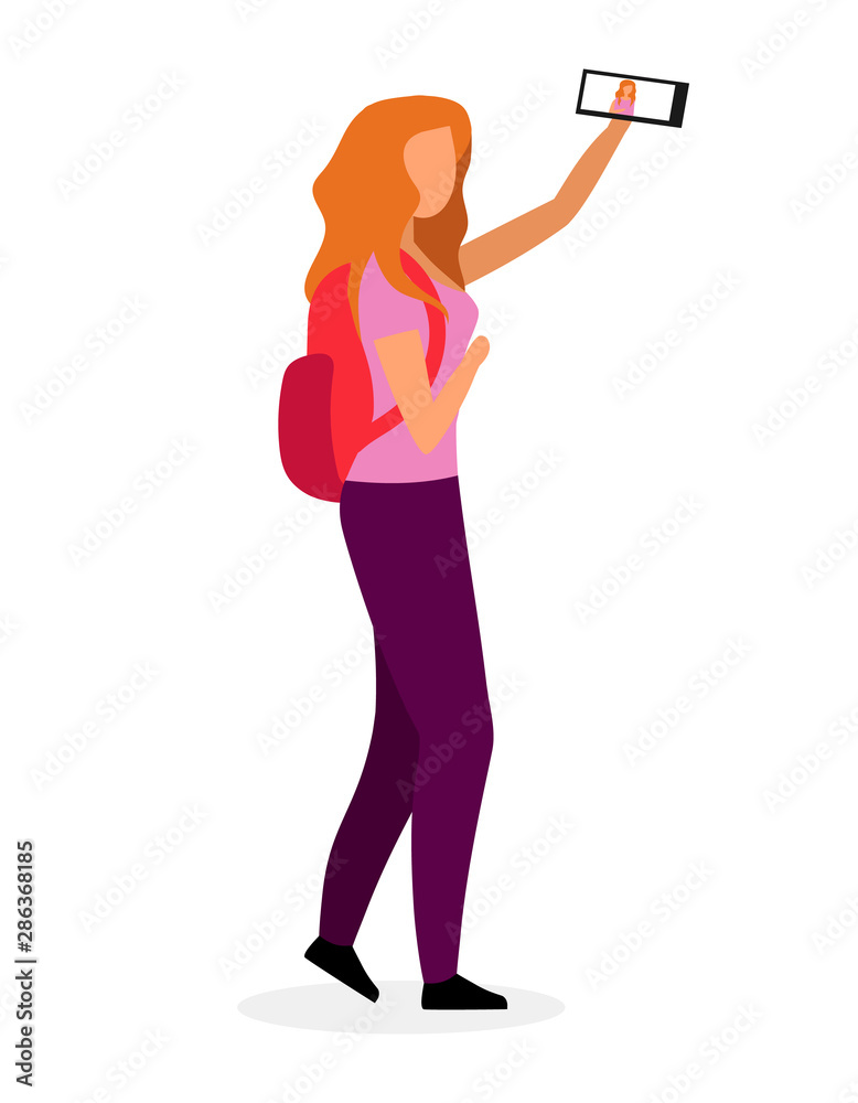 Stylish school girl taking selfie flat vector illustration. Modern teenage video blogger, vlogger, streamer, youtuber cartoon character. Teenager with backpack and smartphone going to school Stylish school girl taking selfie flat vector illustration. Modern teenage video blogger, vlogger, streamer, youtuber cartoon character. Teenager with backpack and smartphone going to school