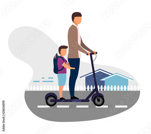 Schoolchildren riding scooter together flat vector illustration. Schoolboy with younger brother cartoon characters on white background. Teenage and preteen children going to school. Kids have fun