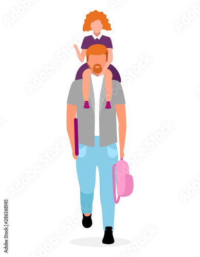 Daughter sitting on father neck flat vector illustration. Parent with schoolgirl and backpack going to kindergarten cartoon character isolated on white background. Happy preteen schoolkid, little girl