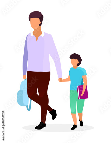 Father with son flat vector illustration. Older and younger brothers walking and holding hands cartoon characters. Teenage and preteen schoolchildren with textbook and backpack. Parent and schoolboy