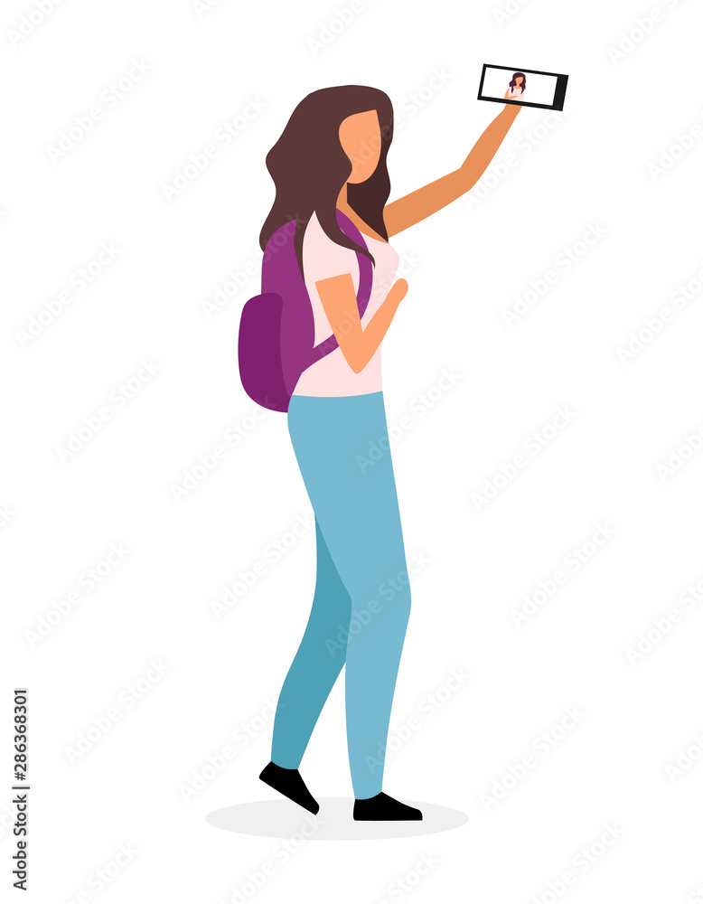 Stylish school girl taking selfie flat vector illustration. Modern teenage video blogger, vlogger cartoon character isolated on white background. Teenager with backpack and smartphone going to school Stylish school girl taking selfie flat vector illustration. Modern teenage video blogger, vlogger cartoon character isolated on white background. Teenager with backpack and smartphone going to school
