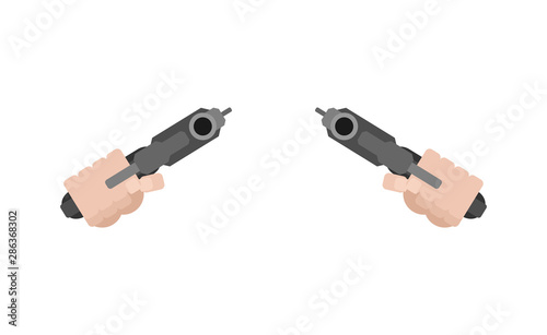 Two Gun and hand front view. handgun in fist isolated. Vector illustration