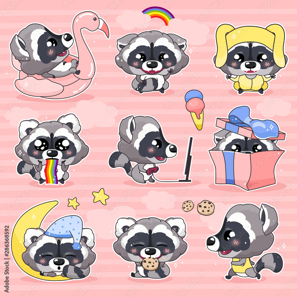 Cute raccoon kawaii cartoon vector characters set. Adorable and funny  smiling animal isolated stickers, patches, kids book illustrations pack.  Anime baby little raccoon emojis on pink background Stock Vector | Adobe  Stock