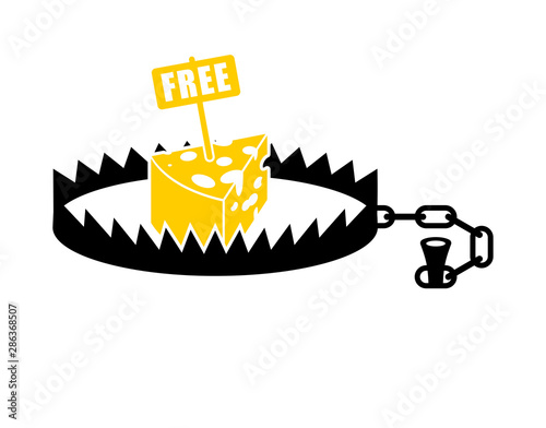 Bear trap and free cheese. Metal animal mantrap. vector illustration