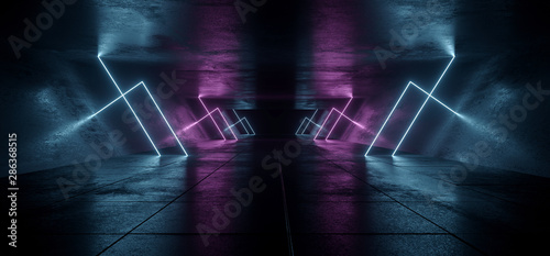 Fototapeta Naklejka Na Ścianę i Meble -  Futuristic Dark Sci Fi Neon Lights Purple Blue Futuristic Glowing Triangle Columns Concrete Grunge Empty Spaceship Tunnel Room Virtual Cyber Laser Beam 3D Rendering
