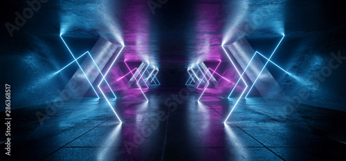 Futuristic Sci Fi Dark Neon Lights Purple Blue Futuristic Glowing Triangle Columns Concrete Grunge Empty Spaceship Tunnel Room Virtual Cyber Laser Beam 3D Rendering