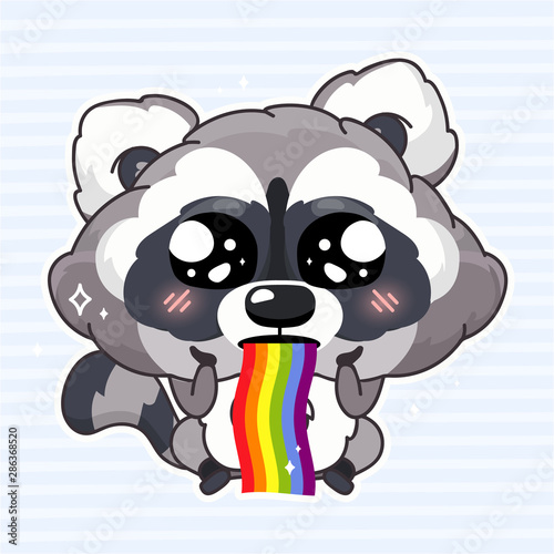 Cute raccoon kawaii cartoon vector character. Adorable and funny animal vomiting rainbow isolated girlish sticker, patch. Sweet dreams, happiness. Anime baby raccoon emoji on blue background