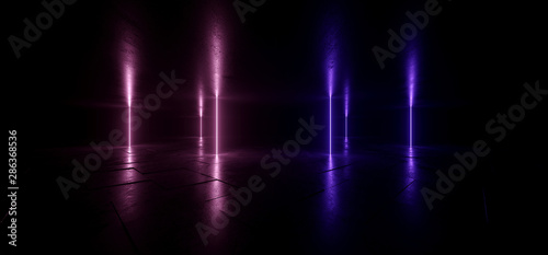 Pylons Dark Sci Fi Futuristic Neon Lights Purple Blue Futuristic Fluorescent Glowing Concrete Grunge Empty Corridor Tunnel Underground Room Stage Virtual Cyber Laser Beam 3D Rendering