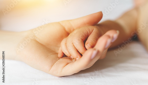 Mom holds gently the handle of her baby.