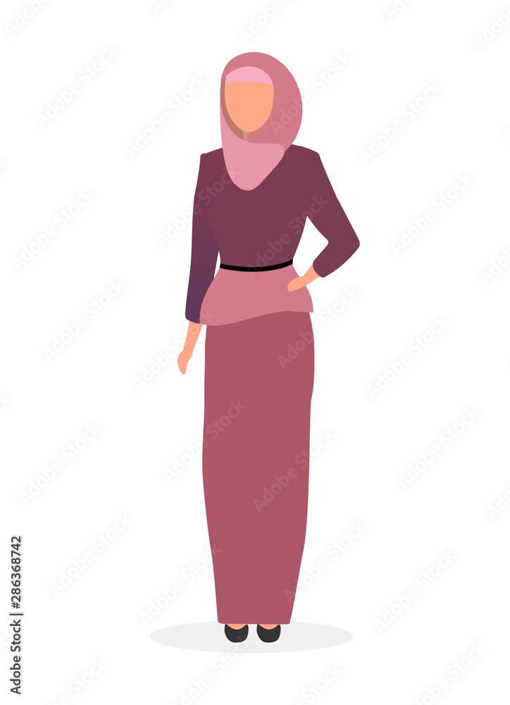 Woman in hijab flat vector illustration. Saudi, arabian girl wearing abaya isolated cartoon character on white background. Muslim elegant lady with scarf. Fashion model in islamic traditional clothing Woman in hijab flat vector illustration. Saudi, arabian girl wearing abaya isolated cartoon character on white background. Muslim elegant lady with scarf. Fashion model in islamic traditional clothing