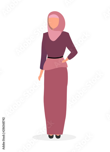 Woman in hijab flat vector illustration. Saudi, arabian girl wearing abaya isolated cartoon character on white background. Muslim elegant lady with scarf. Fashion model in islamic traditional clothing
