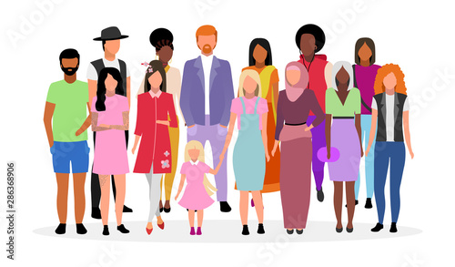 Multicultural people group flat vector illustration. Different nationalities, races women and men cartoon characters. Multiracial caucasian and afro american young adults, diverse girls and guys