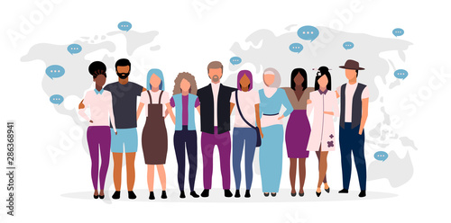 Global collaboration flat vector illustration. International communication. Multiracial people hugging on world map background. Society, community. Multicultural women and men cartoon characters