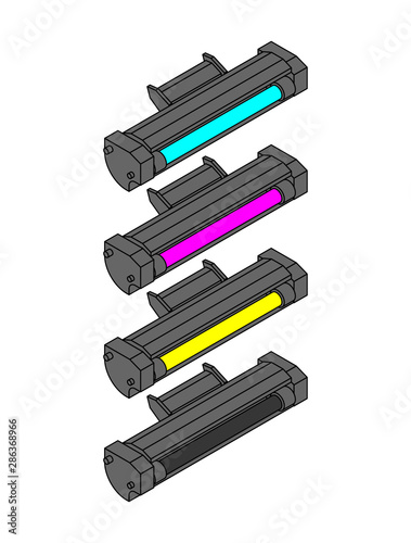 Printer toner cartridge CMYK set. Cyan and Magenta. Yellow and Key color. ink Laser Jet printer